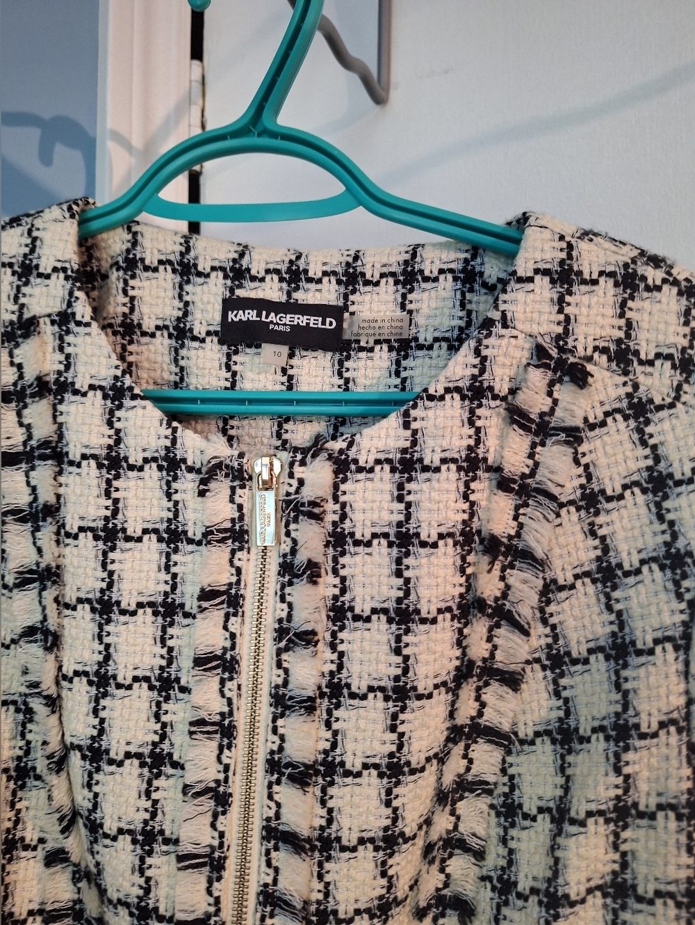 Karl Lagerfeld Paris Black White Plaid Tweed Zip Womens Jacket Size 10 - Picture 5 of 9